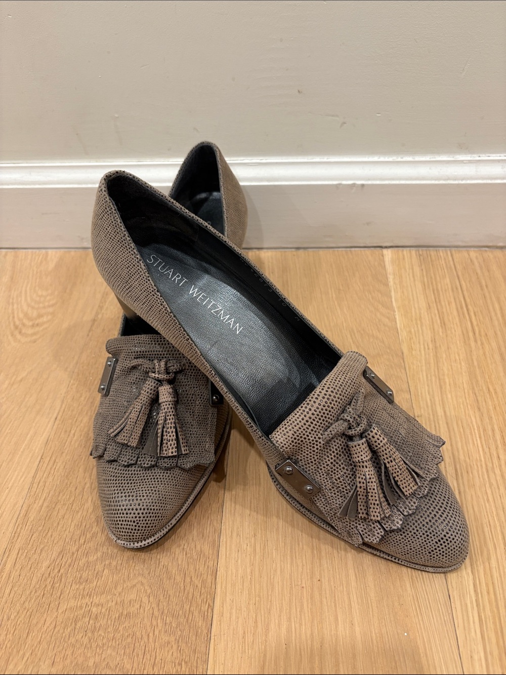 Stuart Weitzman Taupe Suede Tassel Loafer Heels